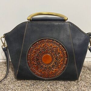 Genuine Leather Handbag, Organizer Retro Satchel Vintage Embossing Totem